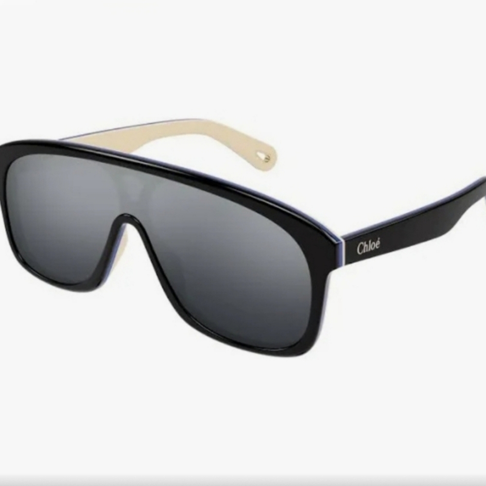 Chloé Black Shield Sunglasses with Gold Temples